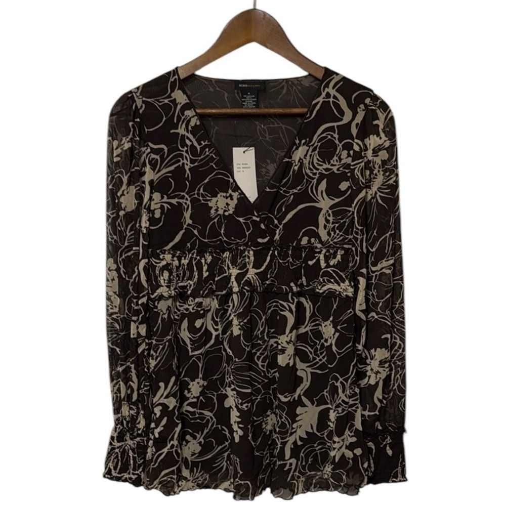 NWT BCBG Maxazria Sheer Y2K Floral Long Sleeve Faux Wrap Blouse Women's Medium